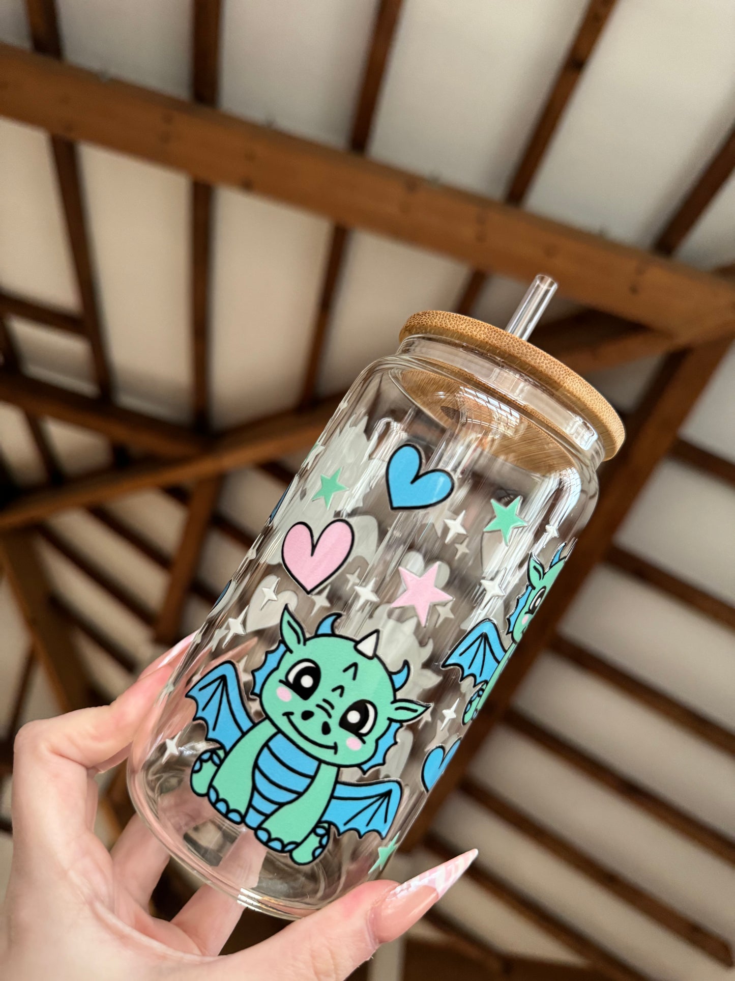 Green Dragons & Hearts Clear Libbey Can