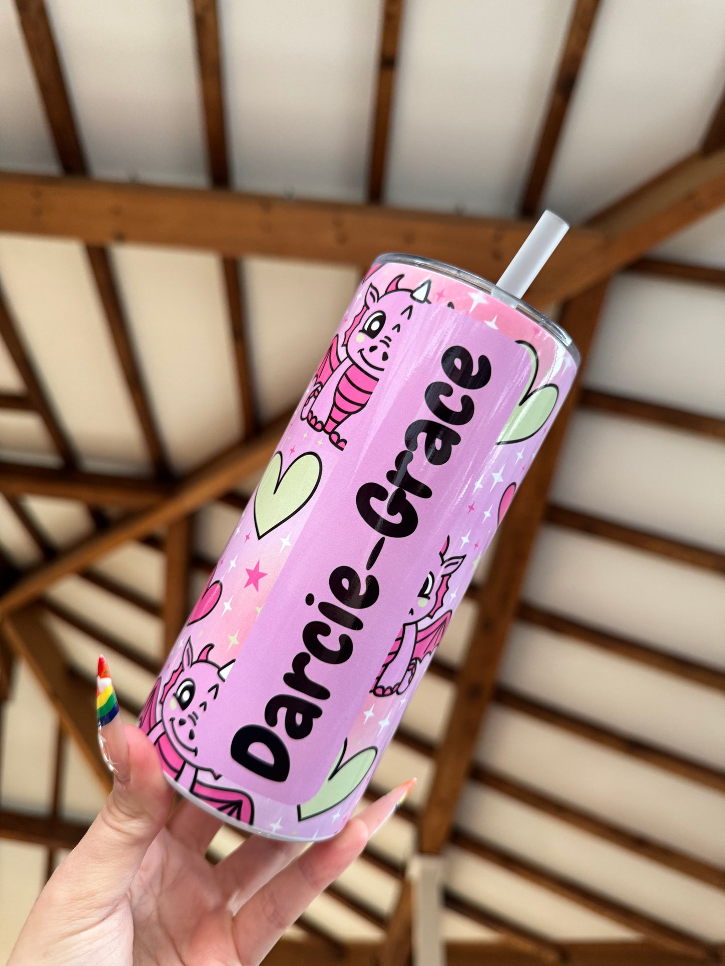 Personalised Pink Dragons & Hearts 15oz Tumbler