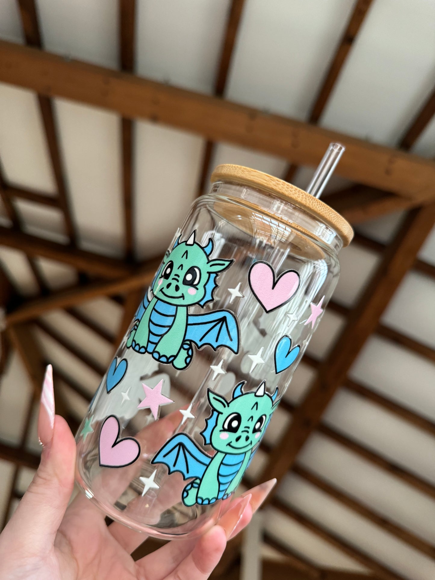 Green Dragons & Hearts Clear Libbey Can