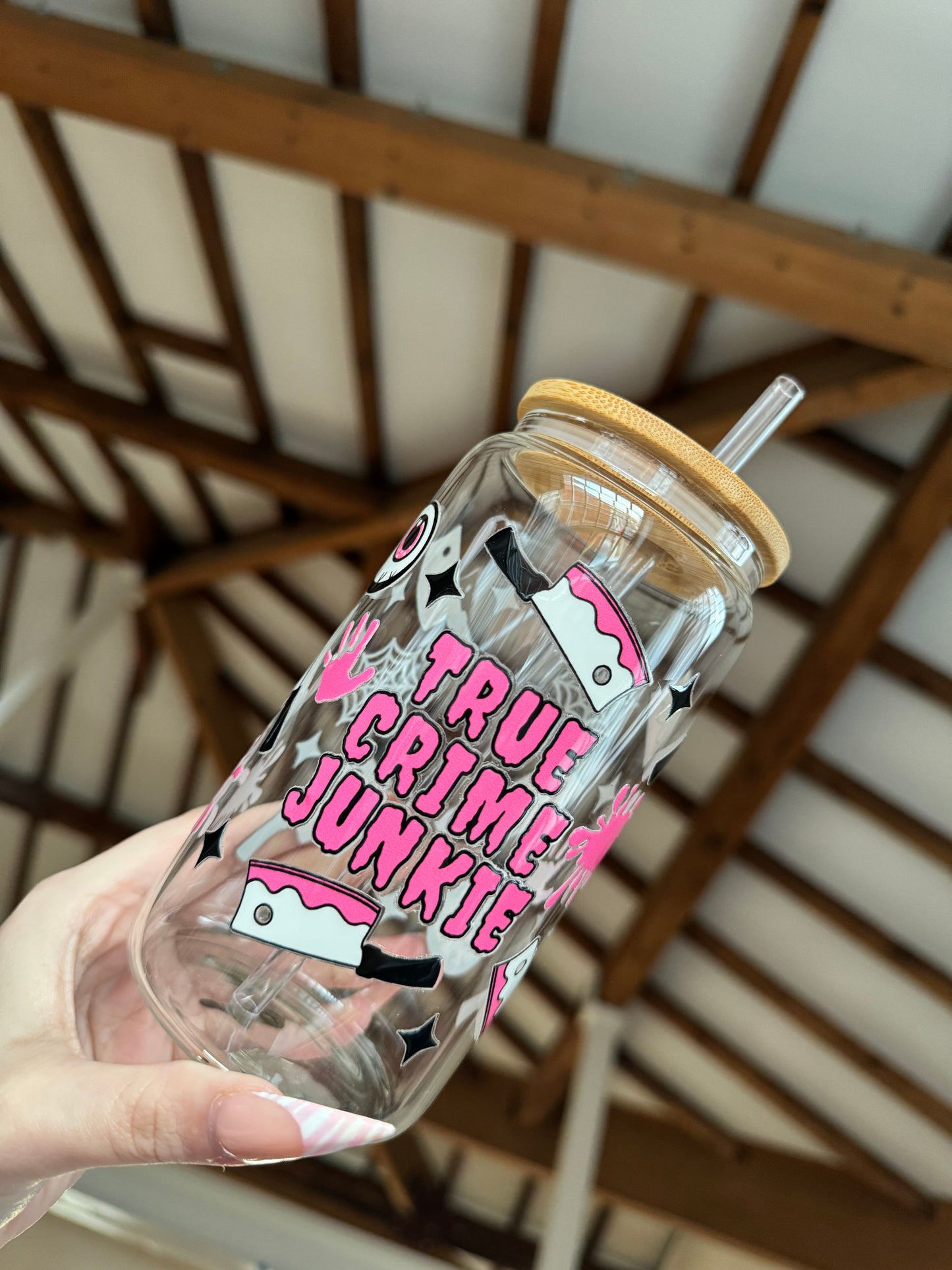 Pink True Crime Junkie Clear Libbey Can