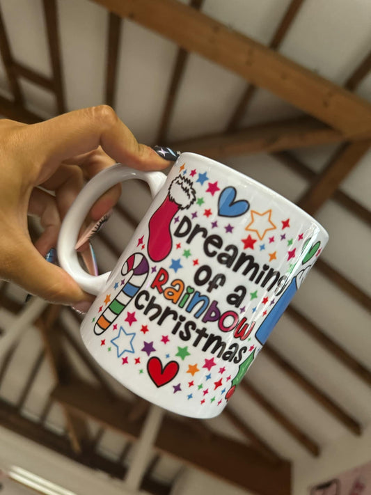 Dreaming of a rainbow Christmas mug